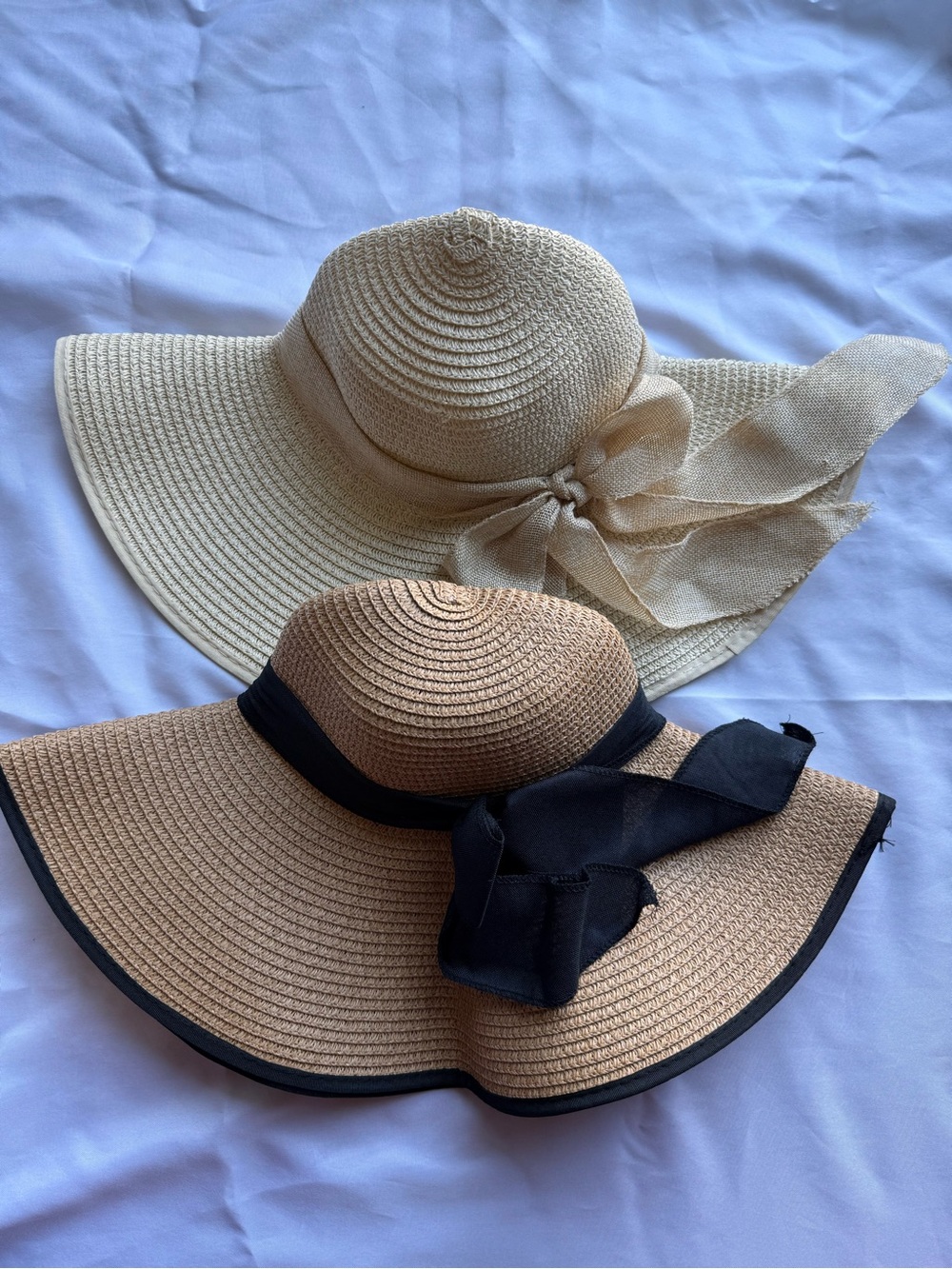 Wide Brim Straw Sun Hat Duo - Beige and Tan with Black Trim